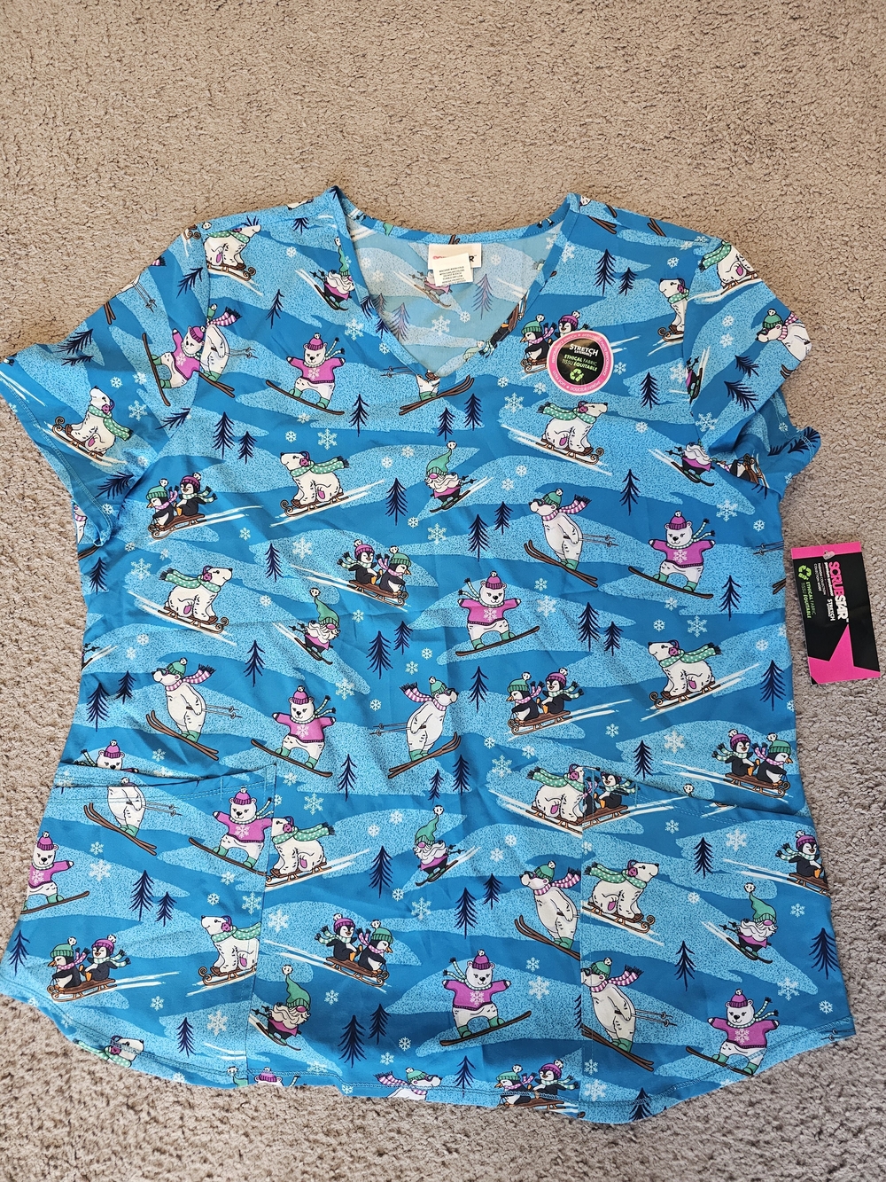 Scrubstar Blue Skiing Polar Bear & Penguin Print Scrub Top
